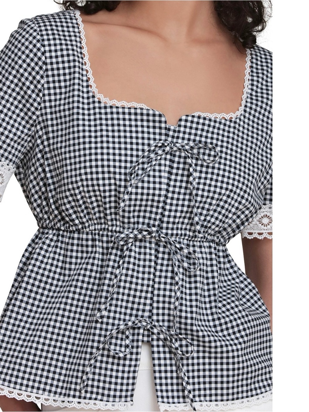 bagatelle Black & White Gingham Lace-Trim Peplum Top